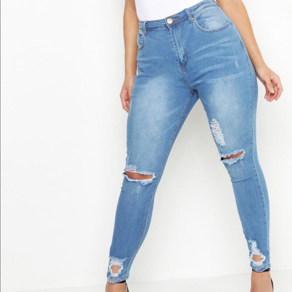 Boohoo Plus Distressed Knee and Hem Jeans